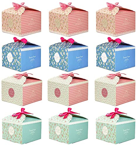 Geschenkbox mit Band, 12 Stück Keksboxen Karton, Cupcake Geschenkboxen, Kuchenboxen Hochzeit, Pralinenbox zum Befüllen, Tortenschachteln für Hochzeit Taufe Weihnachten Geburtstage Valentinstag
