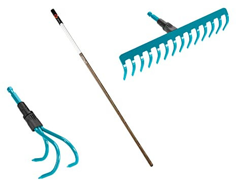 Gardena combisystem-Bodenpflege Set: Set bestehend aus Rechen, Grubber und 130cm Holzstiel, zur Bodenbearbeitung und Unkrautentfernung sowie Lockern und Lüften des Bodens geeignet (17355-60)