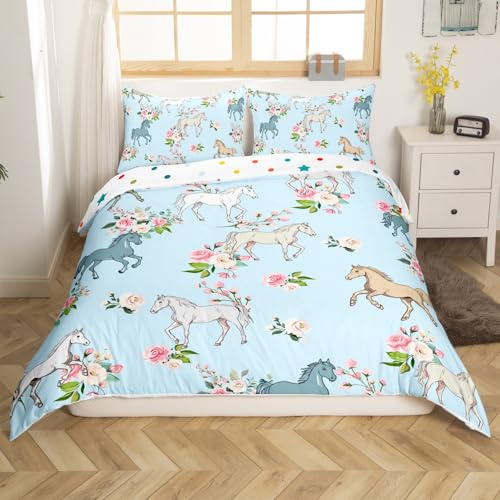 Horse Duvet Cover Queen Size, Farmhouse Western Cowboy Cowgirls Bed Sets for Kids Boys Girls Teens, Cartoon Kawaii Horse Comforter Cover Bedroom Decor, Rustic Rose Floral Bedding Set + 2 Pillow Cases