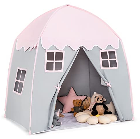 GOPLUS Spielhaus Kinder Indoor, XL Spielzelt groß 143x100x155cm, Kinderzelt mit Tragetasche, Matte, Reißverschlusstür & 4 Fenster, Kinderspielhaus mit Vorhang für für 2-3 Kinder ab 3 Jahren (Rosa)