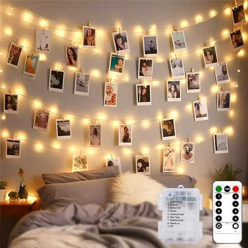 btfarm 10M 100LED Foto Lichterkette Klammern mit Fernbedienung, Fotoclips Bilder Aufhängen 8Modi Waterproof Timer Batteriebetrieben für Zimmer Wohnzimmer