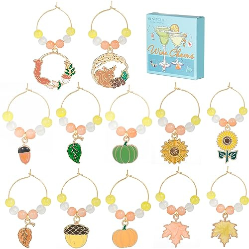 SUNNYCLUE 1 Box 12Pcs Wine Glass Charm Gold Glass Ball Charm Wine Glass Tag Wine Glass Charms Autumn Fall Glass Identifiers for Gathering Wedding Holiday Thanksgiving Party Favor Drinks Decor UK