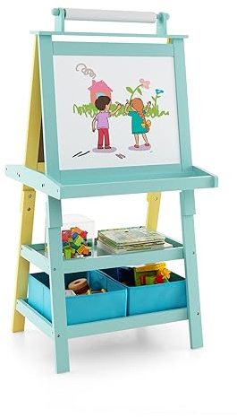 LIFEZEAL 3 in 1 Tavolo per Bambini, Cavalletto per Bambini con Tavola Doppia Faccia, Tavolo da Appoggio con 2 Livelli di Archiviazione, Lavagna Bianca & Lavagna a Gessi & Rotolo di Carta da Disegno
