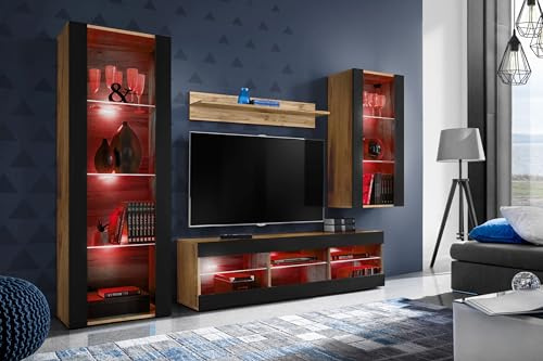 Komodee Wohnwand TV Tivoli Medio A2 Schwarz/Wotan 245x159x35 cm