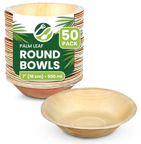 ECO Leaf 50 Disposable Palm Leaf Bowls |7”(18cm) Round Compostable Dinner Bowls | Eco-Friendly, Biodegradable Heavy-Duty Bowl for Wedding, Party and Picnic | Microwave & Oven Safe, Pack of 50