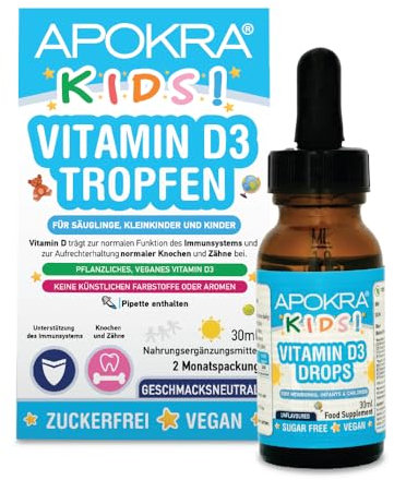 Vitamin D Tropfen Kinder | Veganes D3 Mit Hochwertigem MCT-Öl | immunsystem stärken kinder | 30ml | Zweimonatsbedarf | APOKRA KIDS