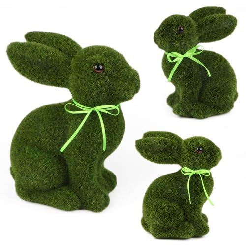 3Pièces Mousse Statue De Lapin de Pâques Fausse Mousse Vert Figurine de Lapin de Simulation Flocage D'herbe Figurines Statue de Lapin Floqué Jardin Imitation Lapin Pâques Plastique Lapin Extérieur