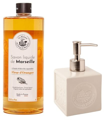 Maison Du Savon De Marseille Flüssigseife Orangenblüten mit weißem Keramikspender, Nachfüllpackung 1 Liter und 300 Milliliter-Spender