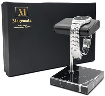 Magemata Watch Display Stand, Marble Base Watch Holder for Men, Leather Cushioned Jewelry Organizer for Bracelets, Necklaces, Earrings, Rings, Luxury Gift Box Included