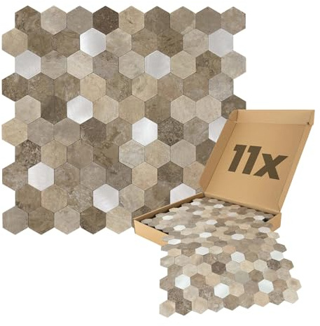 Dalsys 11x Wandpaneele selbstklebend 0,88m² Beige Silber | Wandverkleidung in Hexagon Muster Steinoptik feuchtigskeitsbeständig, Premium Qualität für Bad und Küche