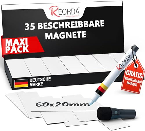Reorda® Magnetstreifen beschreibbar - 35 Stück - 60x20mm (+ Stift) | Wiederbeschreibbar, beschreibbare Magnete für Whiteboard, Kanban, Magnettafel - beschriftbare Magnete für den Kühlschrank