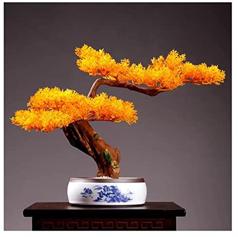 Artificial Plants Artificial Bonsai Juniper Tree Potted Faux Japanese Pine Bonsai Yellow Leaves Simulation Zen Garden Fake Plant Artificial Bonsai Tree for Home Office Showcase Indoor Décor Desktop Di