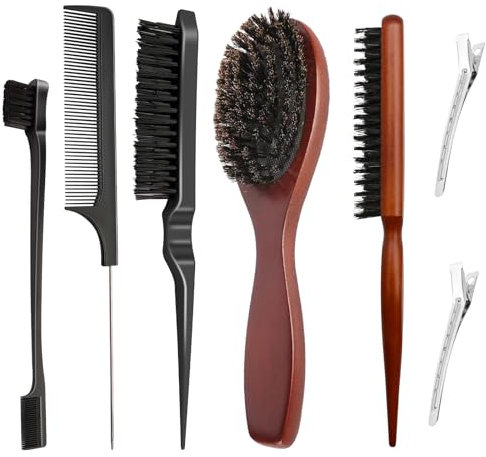 VEGCOO Kit de 7 Cepillos para Pelo de Cerdas de Jabalí, Cepillo de Cerdas Naturales, Set de Peine con Pinzas para Pelo Largo, Corto, Grueso, Fino, Rizado, Liso, Ondulado y Seco para Hombres Mujeres