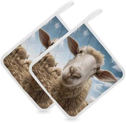 Topflappen, Set mit 2 heißen Pads mit Taschen, für Küche, Schaf aus der Nähe, Topflappen, Suppentopf, Wärmekissen, Ofen-Topflappen für Küche, hitzebeständig, zum Backen, Kochen, 20,3 x 20,3 cm