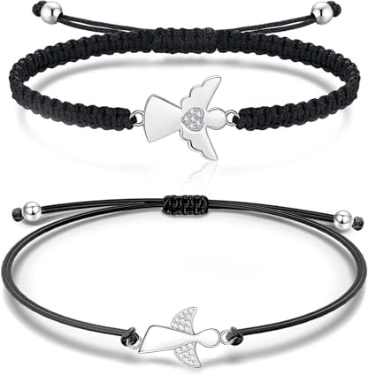 JENCVNL Schutzengel Armband Damen Silber 2 Stück Verstellbares Schutzengel Armbander Handgefertigtes Glücksbringer Armband Freundschaftsband für Frauen Mädchen (Schwarz+Schwarz)