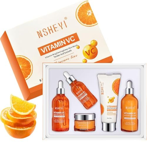 Set per la cura della pelle con vitamina C, kit da viaggio per la cura della pelle da donna, con detergente viso, siero viso, crema per il viso, tonico e lozione, anti-invecchiamento, per donne e