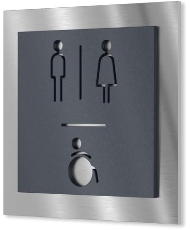 Urhome WC Mann Frau Barrierefrei Schild aus V2A Edelstahl 120x120-230x230mm Anthrazit Metallic Rollstuhl - Piktogramm Toiletten Schild rostfrei - Infoschild für Wand Tür Innen und Außen