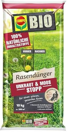 COMPO BIO Rasendünger Unkraut & Moos Stopp - verhindert Ansiedlung von Moos und Unkräutern - 100% natürliche Inhaltsstoffe - 10 kg für 200m²