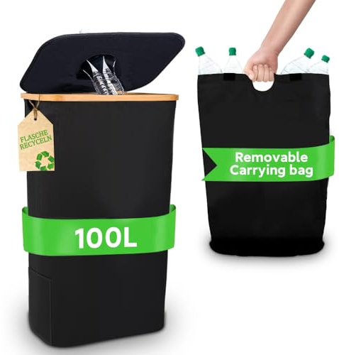 Recycling Bins for Kitchen, 100L Small Bin with Lid & Reusable Inner Bag, Easy to Install and Remove Bottle Collector Empties Recycling Bin for Plastic Bottles Indoor Home Kitchen Bin - Black