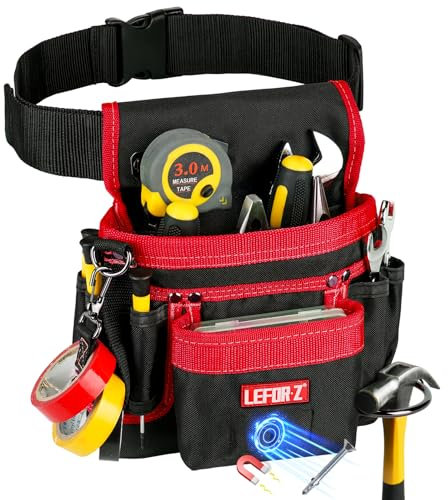 Tool Belt,Magnetic Tool Pouch,14-Pockets Tool Belts for Men,Detachable Adjustable Tool Pouch Belt for Electrician,Carpenter,Construction,Work Apron,Utility Belt,Black-Red