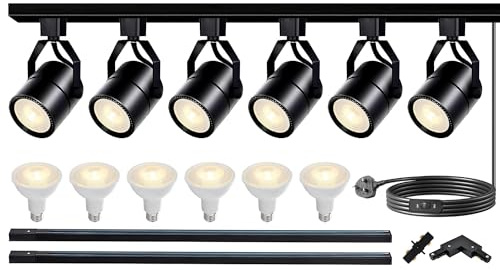 Bravsekai LED Track Lighting Heads Kit, Dimmable PAR20 Track Lights Heads with 2x1m H Type Track Rails 20W 4000K Natural White Ceiling Spotlight Fixtures Include 6Pcs LED Bulbs for Home