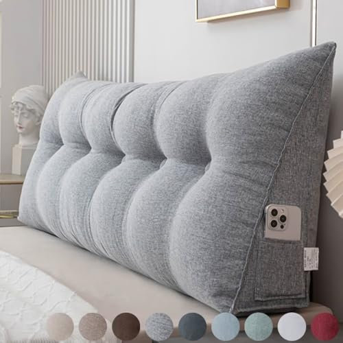 Rückenkissen Bett 60cm Grau, Leinen Rückenlehne Kissen, Keilkissen Bett kopfteil, Waschbar Abnehmbar Lesekissen für Bett und Sofa, Rückenstützkissen Lendenkissen mit Seitentasche