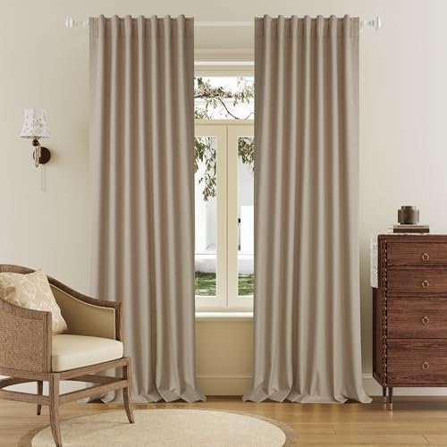 DUALIFE 120 Inch Extra Long Linen Taupe Curtains Floor to Ceiling for Sliding Glass Doors 2 Panels, Flax Linen 100% Blackout Elegant Boho Thermal Curtains for Large Windows 10 FT Drapes,50 x 120 Inch