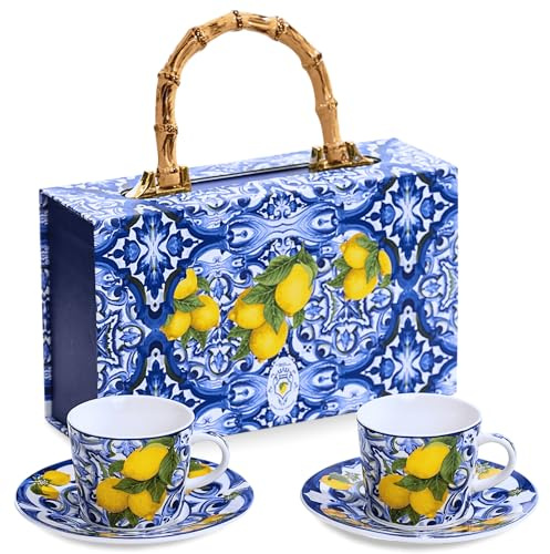 DIVINA Italian Design, Set Tazzine da Caffè Amalfi in Ceramica con Piattini, Blu, Confezione Regalo - SF185