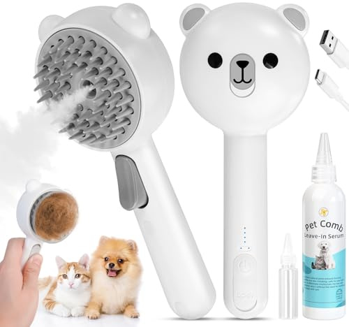 Self Cleaning Pet Steam Brush for Indoor Cats & Dogs Shedding & Grooming | Rechargeable & Skin-Friendly Pet Spray Hair Removal Comb with Release Button, Include Waterless Shampoo & Refill Bottle