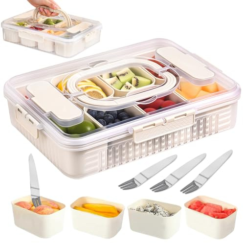 Pmueuff Snack Box, Bandeja Dividida para Aperitivos con Tapa y Asa Caja de Snacks con 8 Compartimentos Extraíble Caja de Aperitivos Dividida con 4 Tenedor para Caramelos Frutos Secos Galletas Dulces