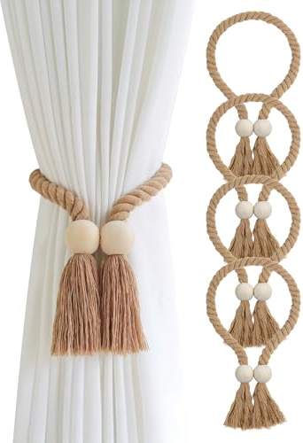 4 Stück Magnetische Vorhang Raffhalter Boho Quasten Vorhanghalter | Magnetische Vorhanghalter mit Holzperlen Kaffee Schlafzimmer Home Decor