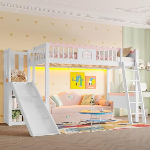 KOMHTOM Lit Mezzanine en Bois 90 x 200cm, Lit Simple pour Enfant, Équipé éclairage LED, Armoire de Rangement, Toboggan et Escalier, Blanc(sans Matelas) (246.5 x 170.3 x 160.8cm)