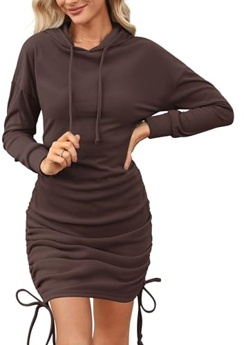 Aottori Felpa Donna con Cappuccio Lungo Hoodie Vestito Leggero Manica Lunga Abito Felpe Elegante Sweatshirt con Coulisse per Autunno Inverno Marrone S