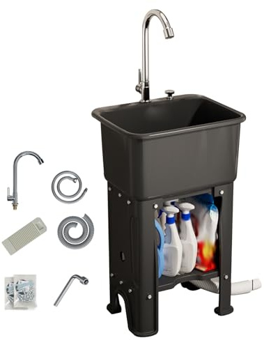 Fregadero de Lavandería de Plástico con Tabla de Lavar, Grifo, Tubo de Entrada de Agua, Tubo de Desagüe y Desagüe de un Solo Clic, Ideal para Restaurantes(Black,40x40x76.5cm)