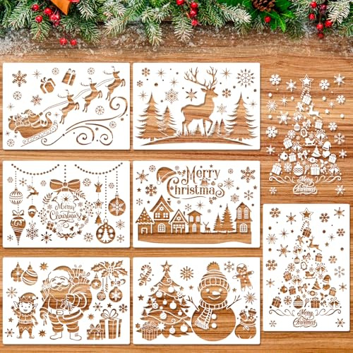 HOWAF 7 Stück Groß Schneespray Fenster Schablonen Weihnachten, Schneespray Schablonen Weihnachten Fenster schablonen Wandgestaltung Wiederverwendbare Plastikschablonen Malen für Weihnachtsdeko DIY
