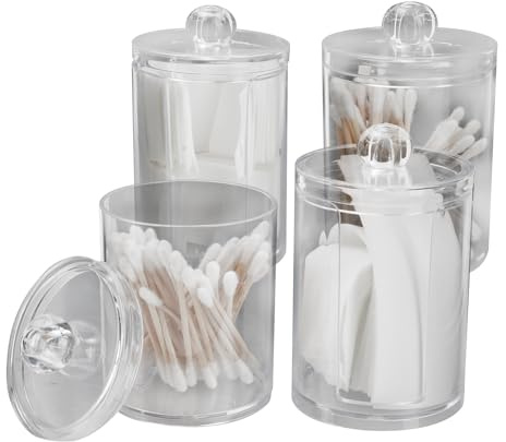 STNRST-IN 4 PCS Clear Acrylic Cotton Bud Holder, Round Plastic Cotton Pad Dispenser with Lids, Transparent Makeup Storage Bathroom Jars for Cosmetic Swabs Dental Picks Hair Clips