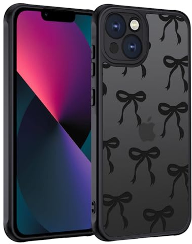 TUUTPU Handyhülle für iPhone 13 Hülle, Aesthetic Motiv Schleifen Muster Design Matt Transluzente Schlanke Hart Case Kratzfeste PC Rückseite + TPU Bumper Stoßfest Schutzhülle, Schwarz
