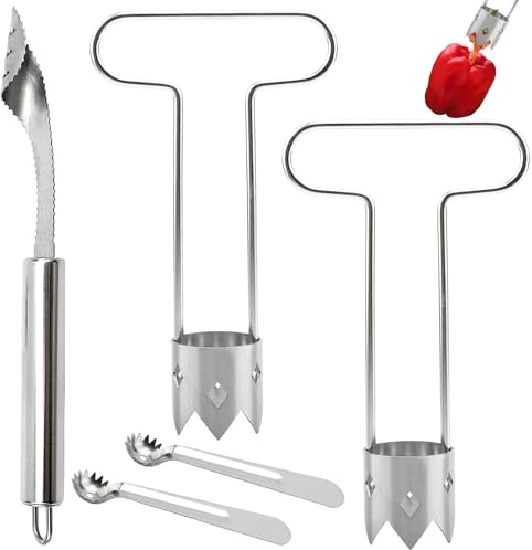 5 Pcs Stainless Steel Fruit and Vegetable Corer Tool Set, Multi-Functional Apple Corer and Pitter Remover, Jalapeno Pepper Corer Seed Remover for Zucchini and Pear, Silver