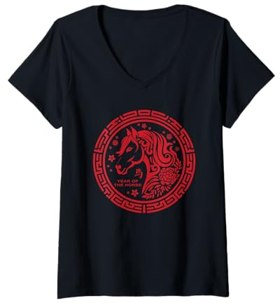 Femme Panneau Animal du Nouvel an Lunaire Chinois 2026 année du Cheval de feu T-Shirt avec Col en V
