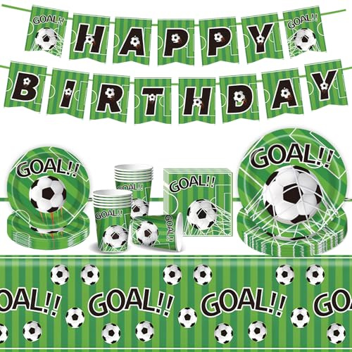 Juego de 52 piezas de vajilla decorativa para fiesta de fútbol, temática de fútbol, decoración de cumpleaños con platos de fiesta, pancartas, mantel, servilletas y otros platos de cumpleaños para 10