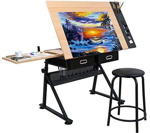 ZENY Drafting Desk Drawing Table Desk Tiltable Tabletop Adjustable Height w/ Stool and Drawer for Reading, Writing Art Craft Work Station