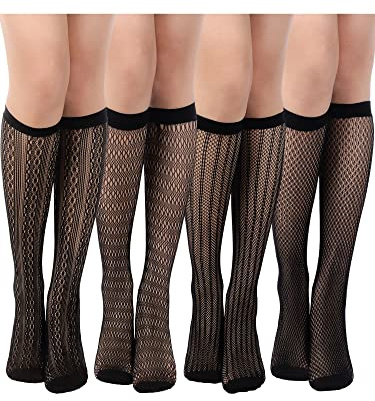 Geyoga 4 Paia Calze al Ginocchio a Rete da Donna Calzini Gambaletti Bianchi Calze Incavate (Stile Fresco, Taglia Unica)