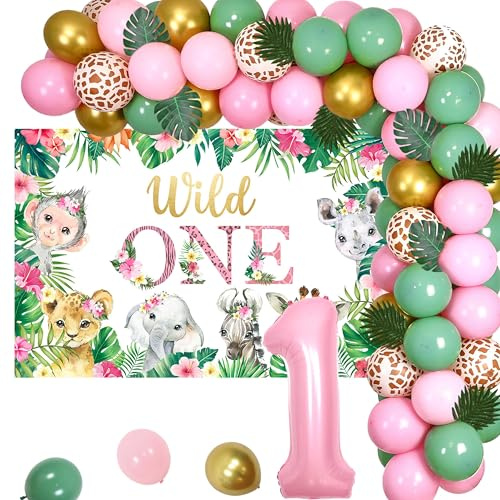 Pink Safari Dekorationen für Mädchen Geburtstag Wild One Hintergrund und Salbeigrün Rosa Ballon Girlande Kit Rosenfolienballon
