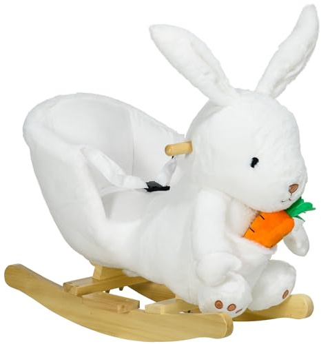 HOMCOM Jouet à Bascule Animal à Bascule modèle Lapin pour 18-36 Mois Fonction Musicale Selle Confortable avec Ceinture de sécurité Peluche Courte Douce Bois peuplier 60 x 33 x 50 cm Blanc