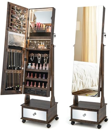 COSTWAY Free Standing Jewellery Cabinet, 3-Color LED Lights Lockable Jewelry Armoire with Full Length Mirror, Storage Drawer and Wheels, Mobile Angle-Adjustable Jewellery Organiser Gift (Rustic Brown)