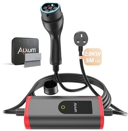 Alxum Portable EV Charger 2.8KW13A - 16.4FT/5M Type 2 EV Charging Cable with 3 PIN UK Plug Electric Vehicle Charger Extension Cable for EV & PHEV