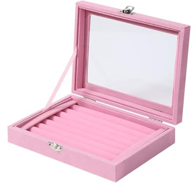 JIHUOO 7 Slots Ring Organizer Tray Ring Holder Storage Box Velvet Ring Display Case Jewelry Earring Organizer with Transparent Lid for Jewelry Showcase Pink
