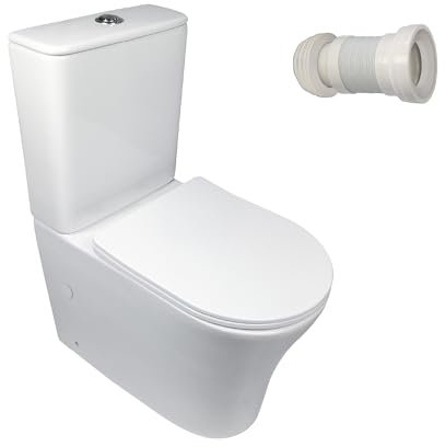 BAIKAL Pack Inodoro T1 + Manguito Extensible 150-470mm. WC Compacto a Suelo con Sistema Rimless y cisterna Monobloque de Doble Descarga. Sanitario con Salida Dual y Asiento con caída Amortiguada