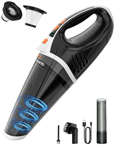 TANYO Aspirabriciole Senza Fili Potente, 12000Pa Aspirapolvere Auto Portatile con LED, 2 Velocità Mini Aspirapolvere, Ricaricabile Aspiratore Auto per Capelli, Auto, Casa, Ufficio, Cucina