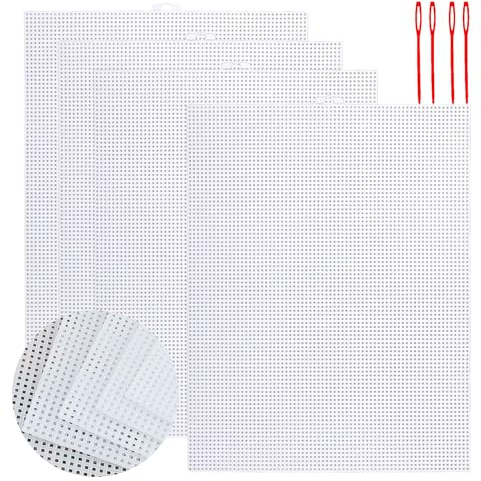 4 hojas de plástico de lona, rejilla de plástico de color blanco, 26,2 x 34 cm, lona de malla de plástico con 4 agujas de coser, tela de malla de plástico para proyectos hechos a mano, manualidades y
